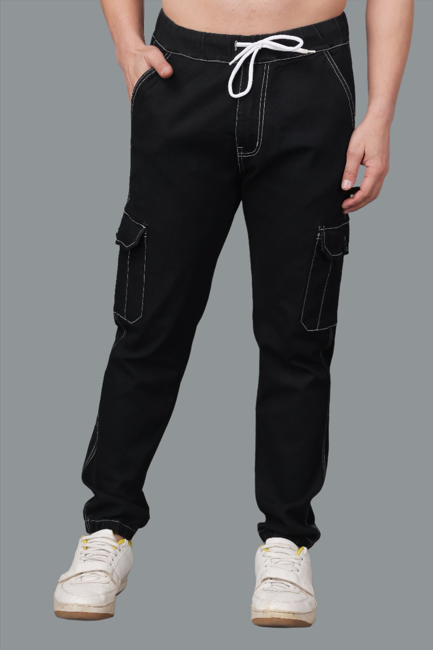 ZAYSH Men Regular fit Mid Rise Black Cargo Pants (JOG-DEN-6P)