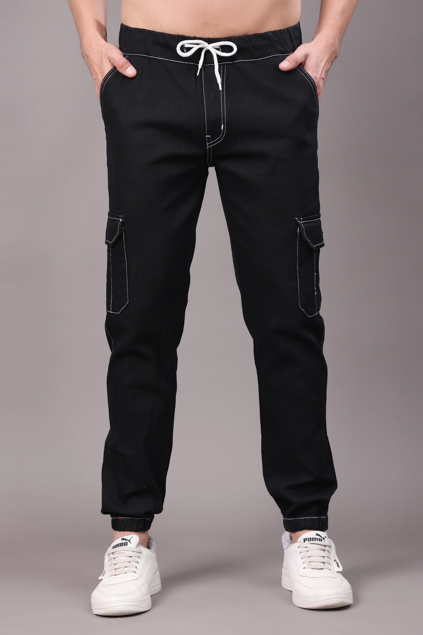 ZAYSH Men Regular fit Mid Rise Black Cargo Pants (JOG-DEN-6P-02)