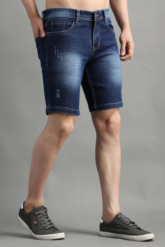 ZAYSH Men Slim Mid Rise Dark Blue Ripped Shorts