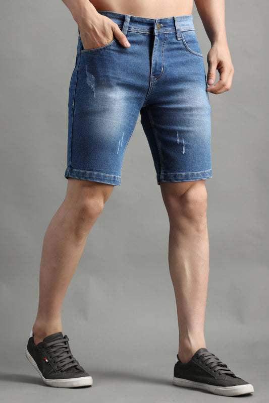 ZAYSH Men Slim Mid Rise Blue Ripped Shorts