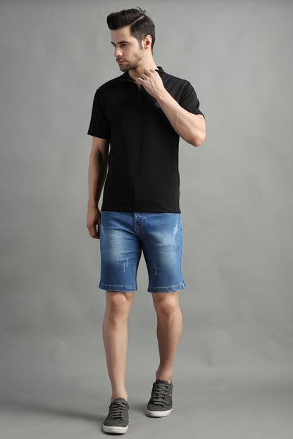 ZAYSH Men Slim Mid Rise Blue Ripped Shorts