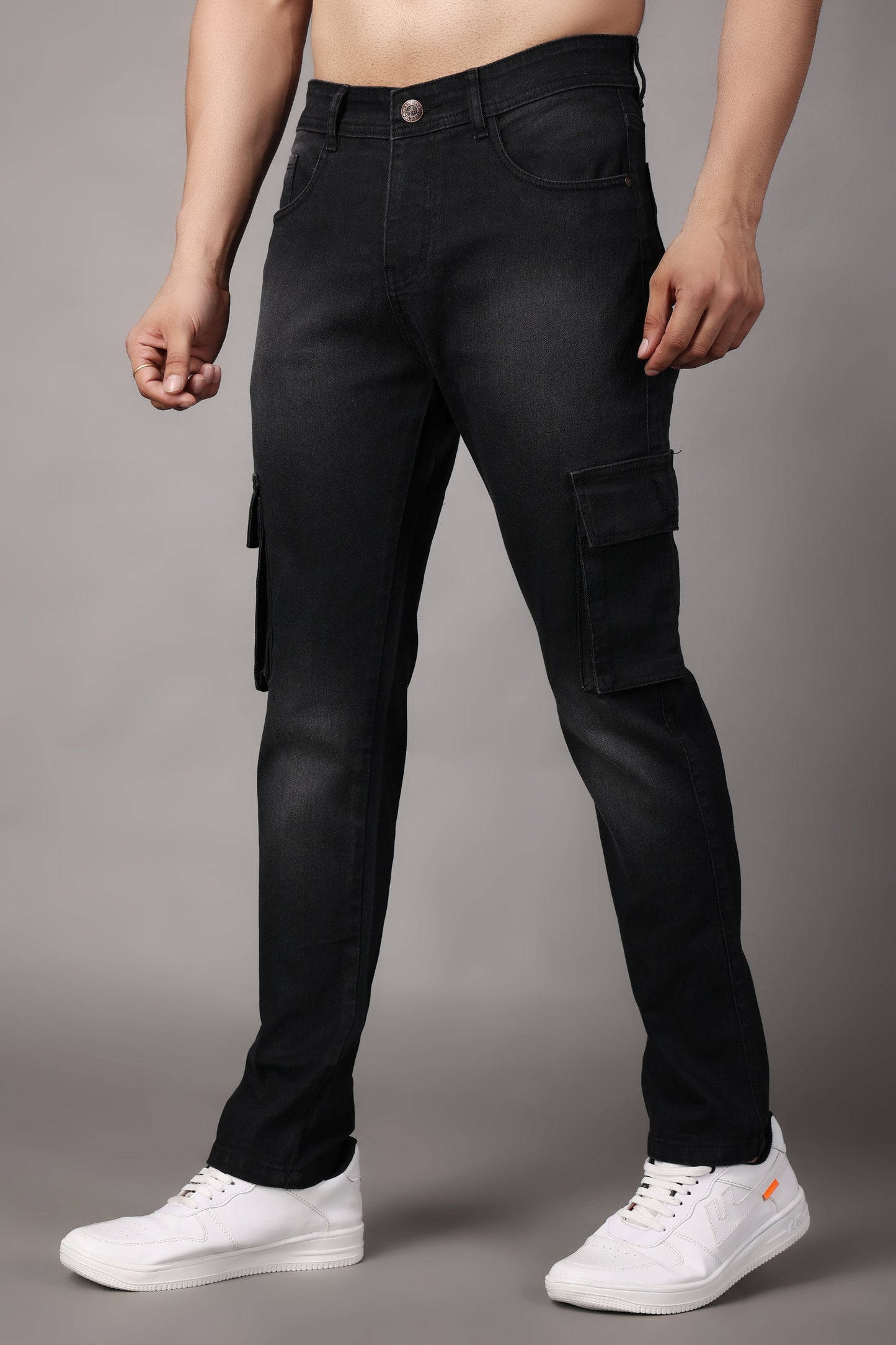 ZAYSH Men Regular Mid Rise Black Denim Cargo Pants (HCAR-BP-Denim)