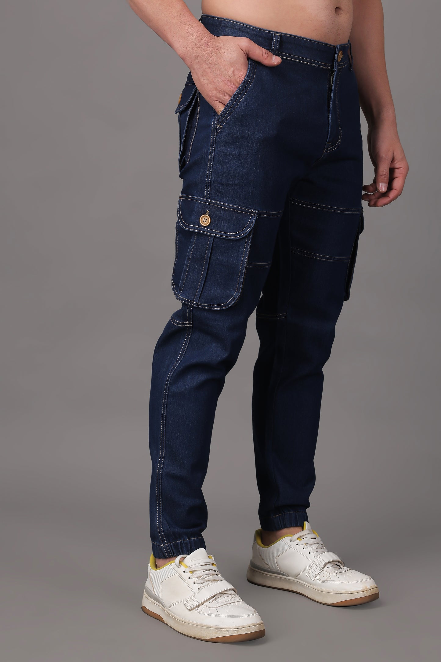 ZAYSH Men Regular fit Mid Rise Dark Blue Cargo Pants (CAR-Denim)